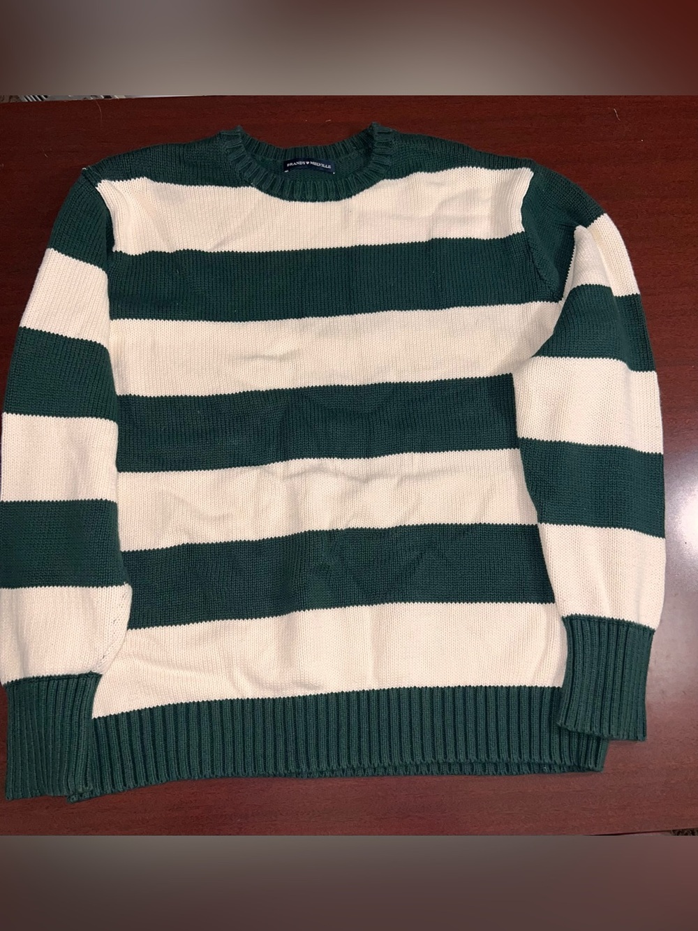 Brandy Melville Green and Cream Wide-Stripe Crewneck Sweater
